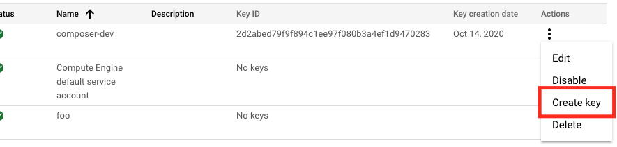 GCP create key menu
