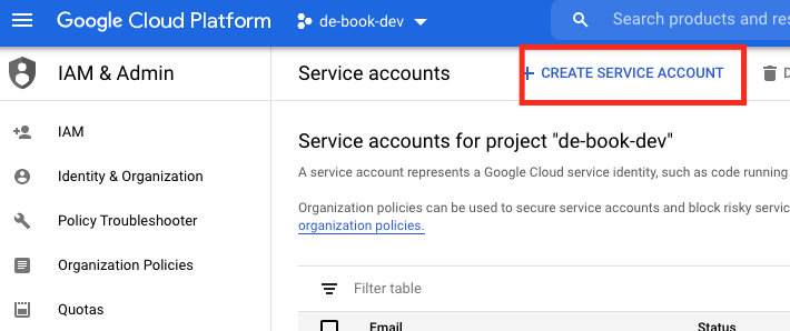 GCP Service Accounts Page
